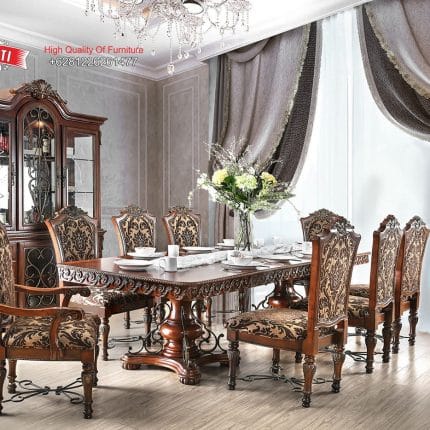 Set Meja Makan Jati Solid Klasik Mewah Lucie Style Formasi 8 Kursi