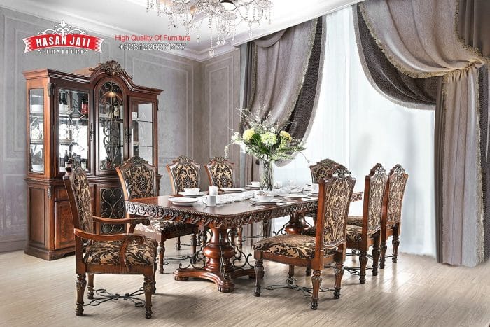 Set Meja Makan Jati Solid Klasik Mewah Lucie Style Formasi 8 Kursi