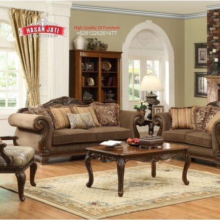 Set Sofa Tamu Jati Klasik Mewah Warna Cokelat Earth Tone Ukiran Jepara