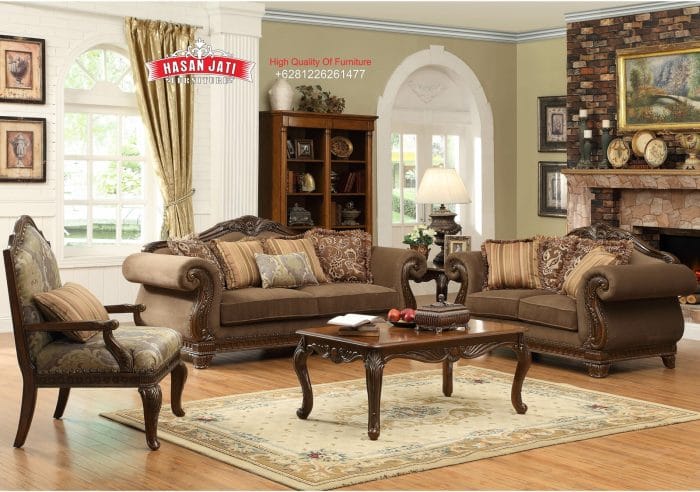 Set Sofa Tamu Jati Klasik Mewah Warna Cokelat Earth Tone Ukiran Jepara