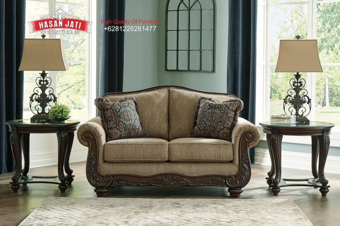 Sofa Sedang 2 Dudukan Ukiran Jati Klasik Mewah Warna Mocha