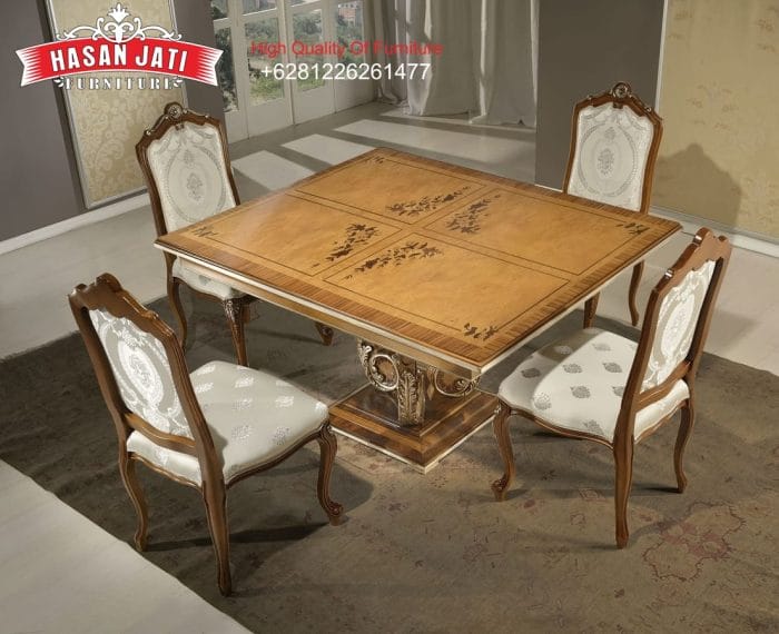 Meja Makan Jati Solid Persegi Ukir Mewah Kaki Pedestal