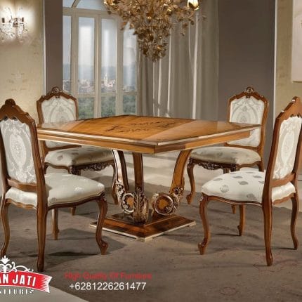 Set Meja Makan Jati Solid Klasik Mewah Italian Luxury Formasi 4 Kursi