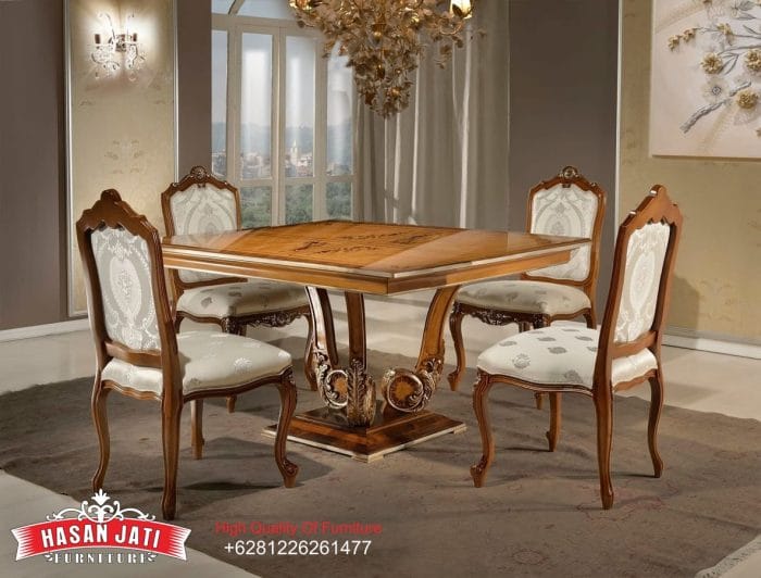 Set Meja Makan Jati Solid Klasik Mewah Italian Luxury Formasi 4 Kursi