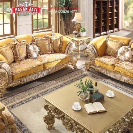 Set Sofa Tamu Klasik Mewah Warna Gold Gaya Eropa Ukiran Royal
