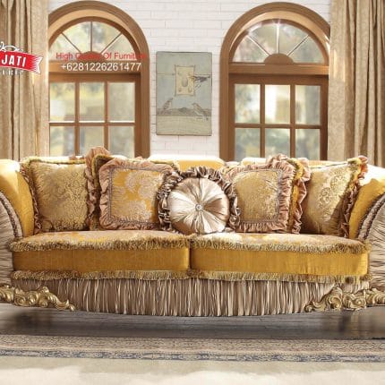 Sofa Panjang 3 Dudukan Warna Gold Mewah Set Klasik