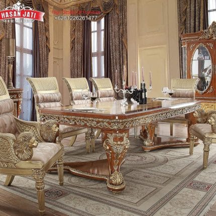 Set Meja Makan Jati Solid Klasik Mewah Mencius Style Formasi 8 Kursi