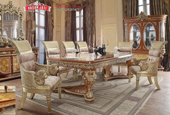 Set Meja Makan Jati Solid Klasik Mewah Mencius Style Formasi 8 Kursi