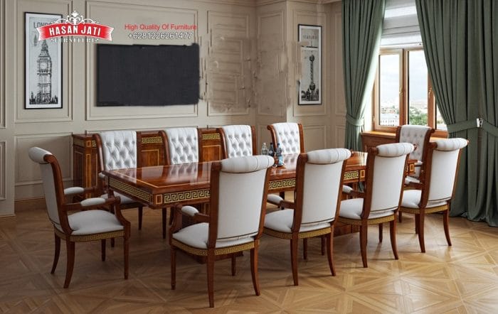 Set Meja Makan Jati Solid Klasik Mewah Greco Style Formasi 10 Kursi