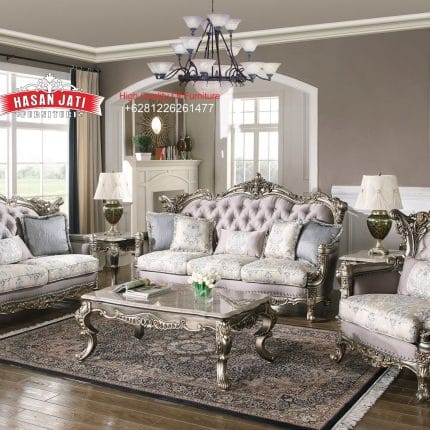Set Sofa Tamu Klasik Mewah Silver Grey Gaya Eropa Ukiran Champagne Gold