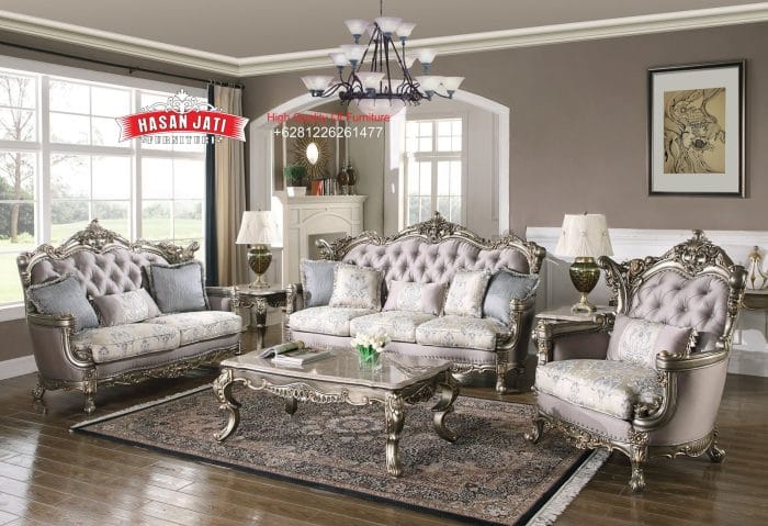 Set Sofa Tamu Klasik Mewah Silver Grey Gaya Eropa Ukiran Champagne Gold