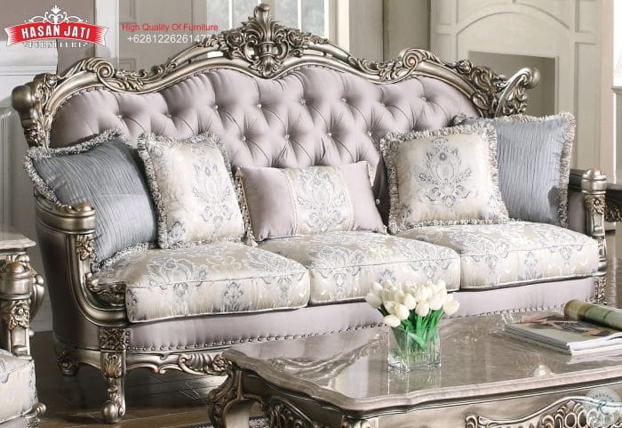 Sofa Panjang 3 Dudukan Warna Silver Grey Set Sofa Klasik Mewah