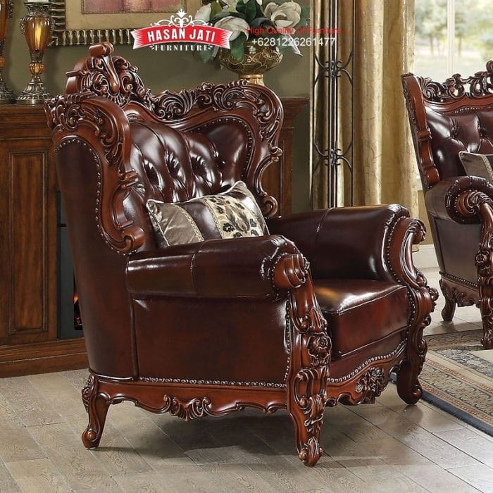 Kursi Single Jati Mewah Kulit Maroon Set Sofa Tamu
