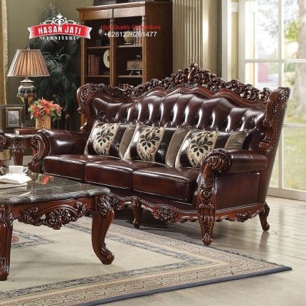 Sofa Panjang 3 Dudukan Kulit Maroon Set Sofa Mewah