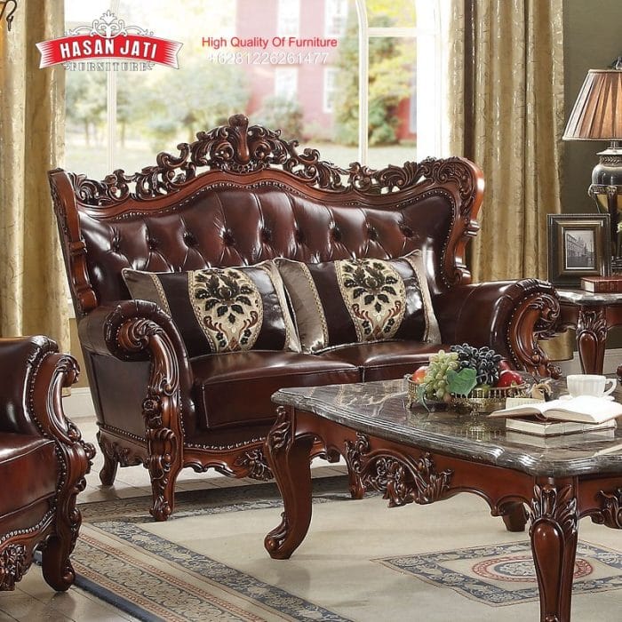 Sofa Sedang 2 Dudukan Ukiran Jati Klasik Mewah Warna Maroon