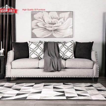Sofa Panjang 3 Seater Grey Aksen Paku Payung Silver Klasik Modern