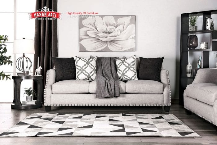 Sofa Panjang 3 Seater Grey Aksen Paku Payung Silver Klasik Modern