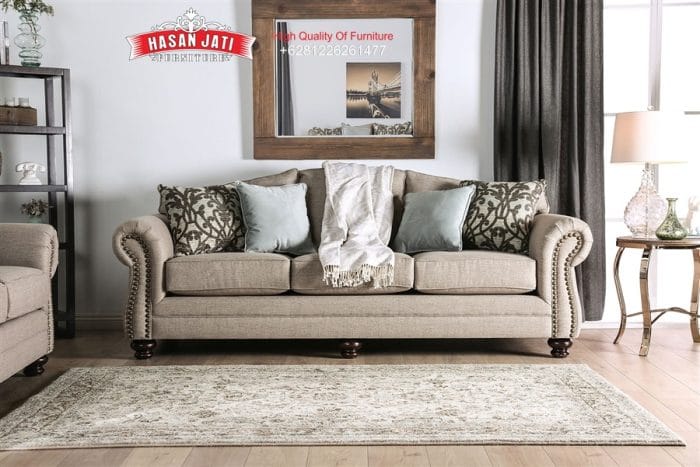 Sofa American Classic Dark Taupe Aksen Paku Payung Hitam
