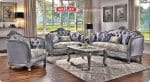 Set Sofa Tamu Klasik Mewah Blue Grey Gaya Eropa Ukiran Silver Metalik