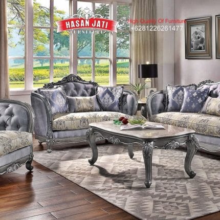 Set Sofa Tamu Klasik Mewah Blue Grey Gaya Eropa Ukiran Silver Metalik