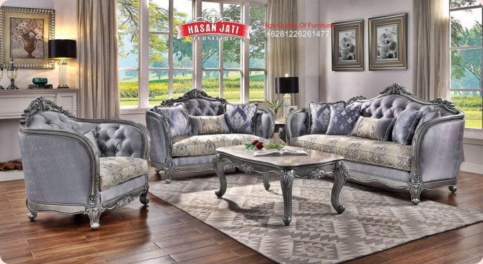 Set Sofa Tamu Klasik Mewah Blue Grey Gaya Eropa Ukiran Silver Metalik