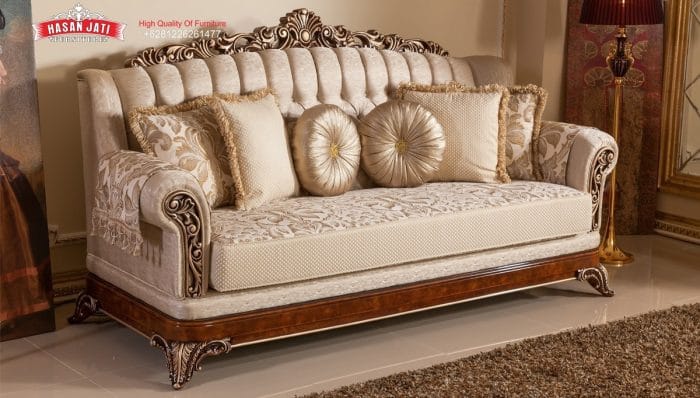 Sofa Panjang 3 Dudukan Kayu Jati Warna Ivory Putih Gading