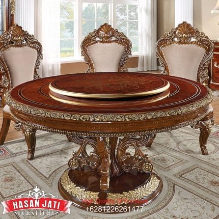 Meja Makan Jati Bundar Ukir Mewah dengan Fitur Lazy Susan