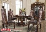 Set Meja Makan Jati Solid Klasik Mewah Bundar Maroon Gold Formasi 4 Kursi