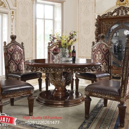 Set Meja Makan Jati Solid Klasik Mewah Bundar Maroon Gold Formasi 4 Kursi