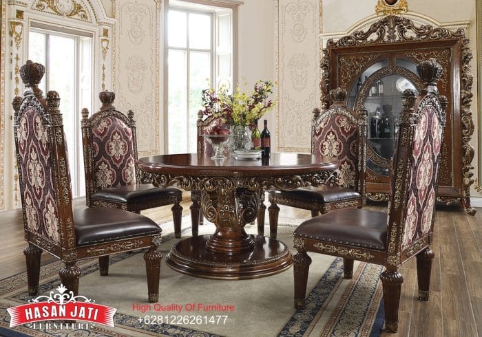 Set Meja Makan Jati Solid Klasik Mewah Bundar Maroon Gold Formasi 4 Kursi
