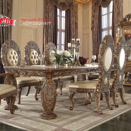 Set Meja Makan Jati Solid Klasik Mewah Ukiran Baroque 8 Kursi