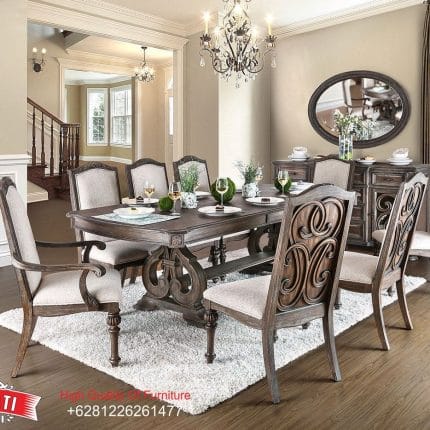 Set Meja Makan Jati Solid Klasik Mewah Arcadia Style Formasi 8 Kursi