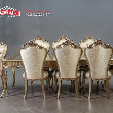 Set Meja Makan Klasik Champagne Gold Ukiran Prancis Formasi 8 Kursi