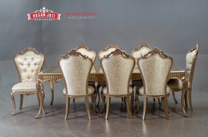 Set Meja Makan Klasik Champagne Gold Ukiran Prancis Formasi 8 Kursi