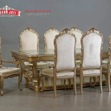 Set Meja Makan Klasik Champagne Gold Ukiran Jepara Formasi 8 Kursi