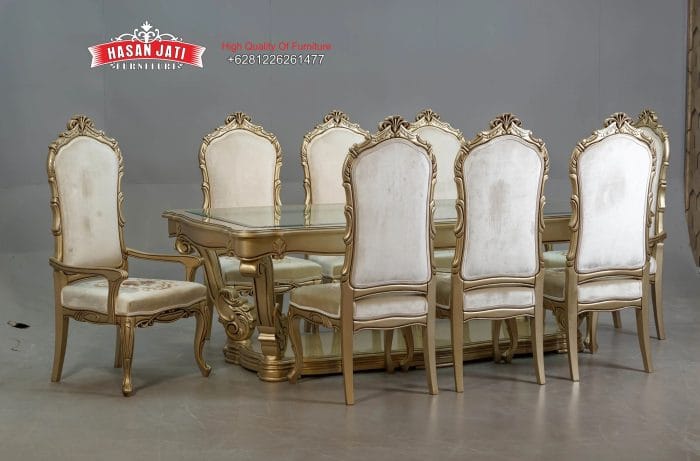 Set Meja Makan Klasik Champagne Gold Ukiran Jepara Formasi 8 Kursi