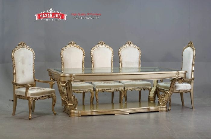 Detail Kaki Meja Makan Pedestal Ganda Jembatan Baroque Champagne Gold