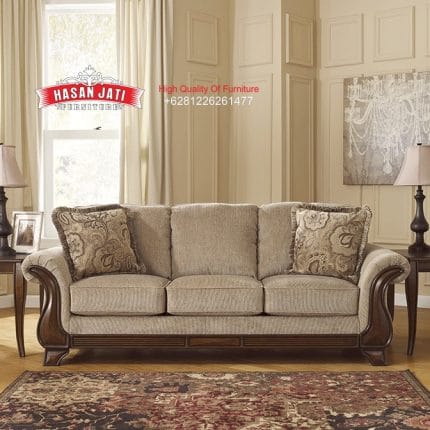 Sofa Panjang 3 Dudukan Kayu Jati Warna Khaki Gaya American Classic