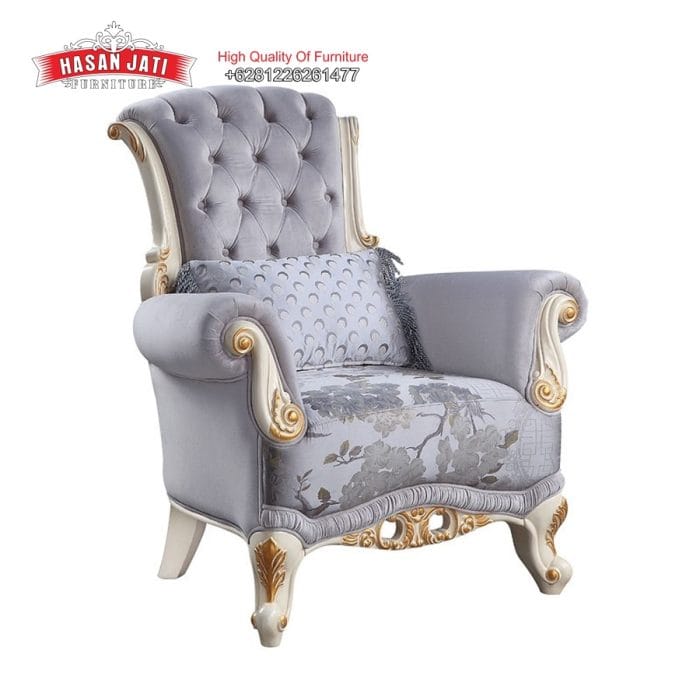 Kursi Single Mewah Warna Light Grey Set Sofa Tamu Klasik