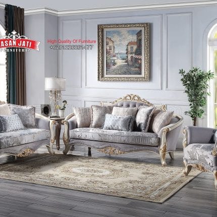 Set Sofa Tamu Klasik Mewah Warna Light Grey Gaya Eropa Ukiran Gold