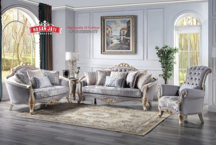 Set Sofa Tamu Klasik Mewah Warna Light Grey Gaya Eropa Ukiran Gold