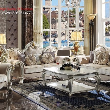 Set Sofa Tamu Klasik Mewah Warna Ivory Gaya Eropa Ukiran Jepara Gold