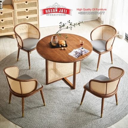 Set Meja Makan Jati Minimalis Modern Bundar Rotan Formasi 4 Kursi Grey