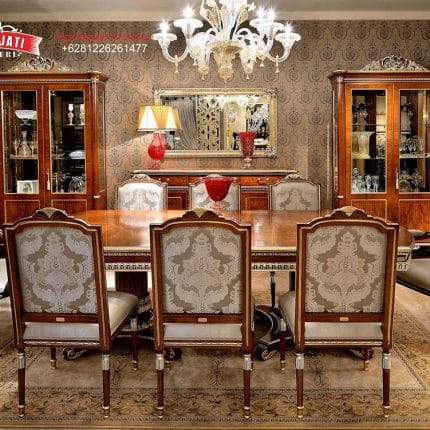 Set Meja Makan Jati Solid Klasik Mewah Scappini Style Formasi 8 Kursi