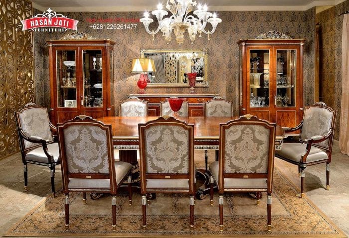 Set Meja Makan Jati Solid Klasik Mewah Scappini Style Formasi 8 Kursi