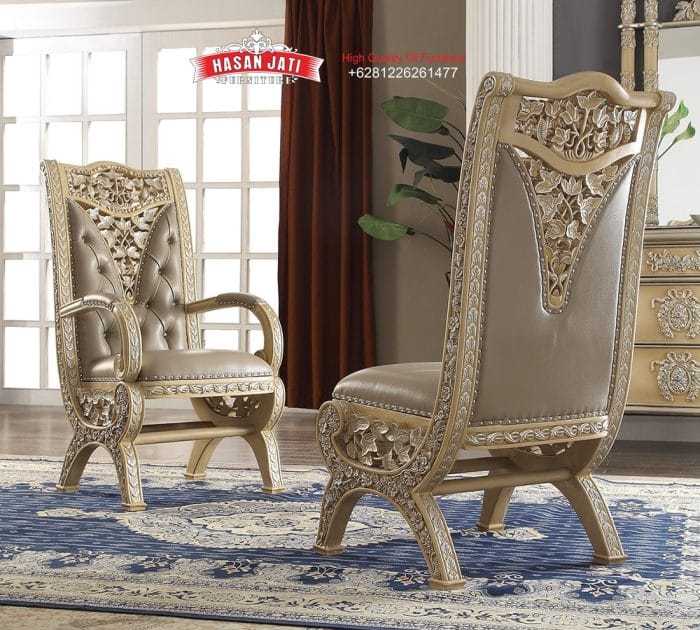 Kursi Meja Makan Ukiran Ber-Lengan Ivory Silver