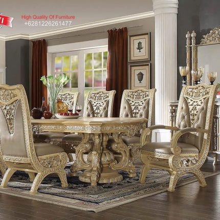 Set Meja Makan Klasik Ivory Silver Ukiran Jepara Formasi 8 Kursi