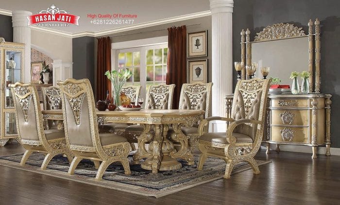 Set Meja Makan Klasik Ivory Silver Ukiran Jepara Formasi 8 Kursi