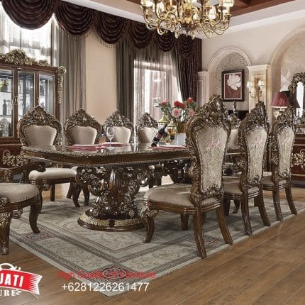 Set Meja Makan Jati Klasik Mewah Ukiran Royal Eropa 8 Kursi