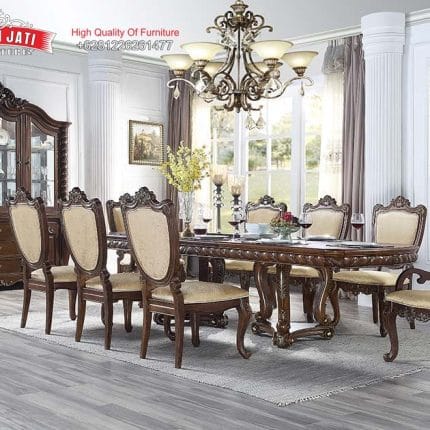 Set Meja Makan Jati Solid Klasik Mewah Devayne Style Formasi 8 Kursi